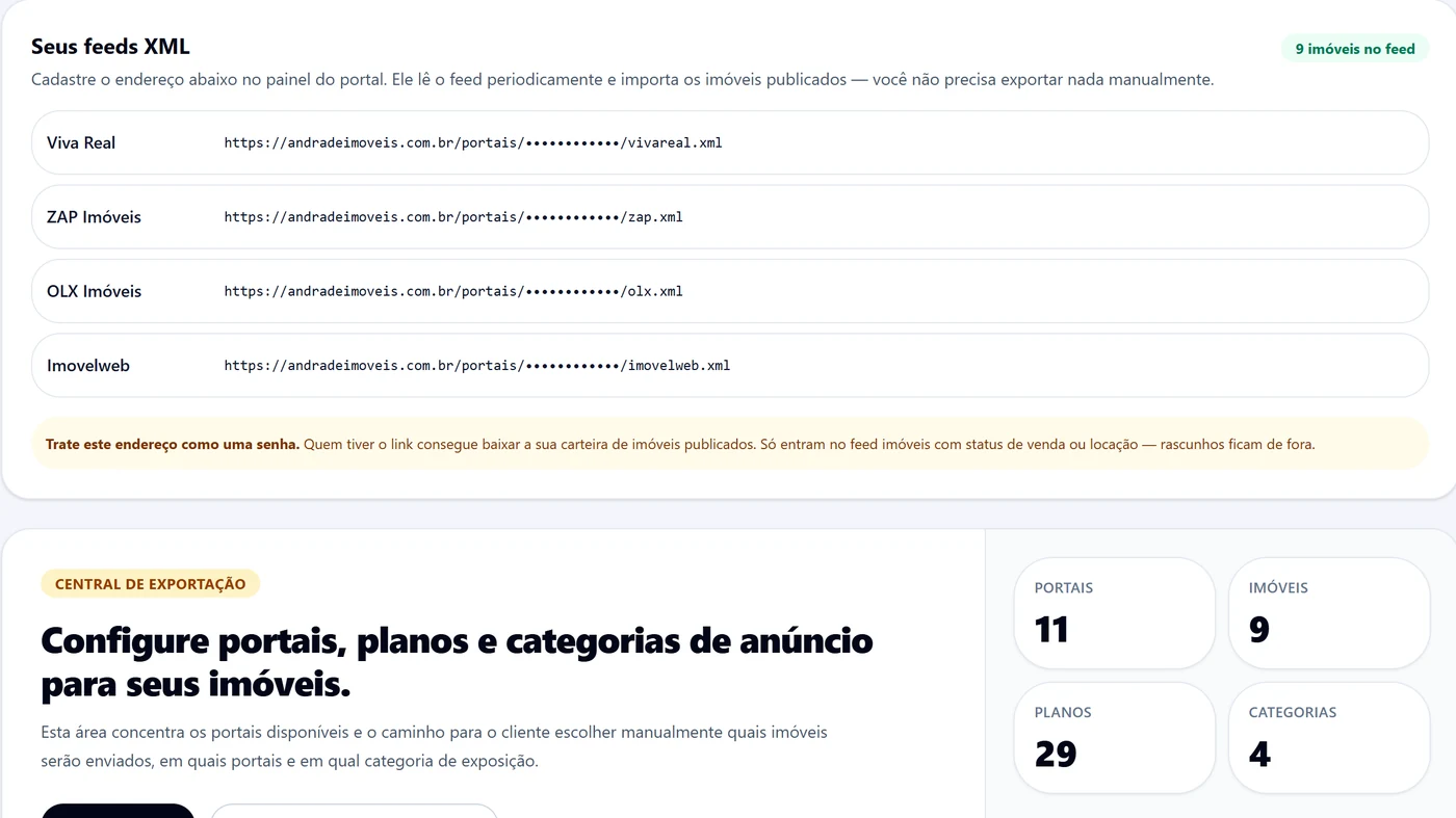 Tela de integração com portais, com um endereço de feed XML por portal