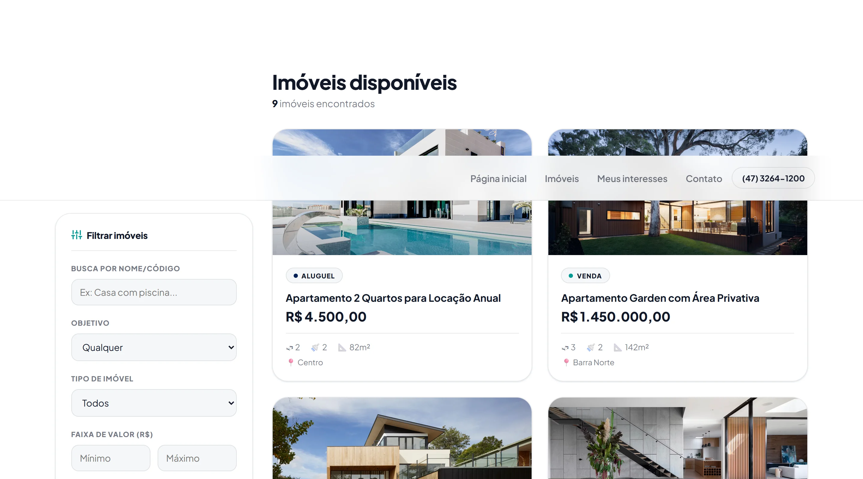 Listagem de imóveis do site público, com filtros
